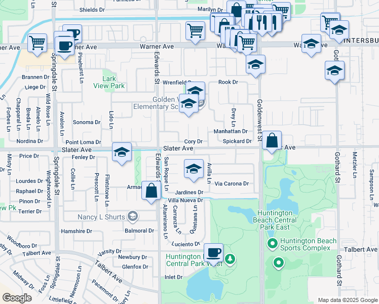 map of restaurants, bars, coffee shops, grocery stores, and more near 6611 Crista Palma Drive in Huntington Beach