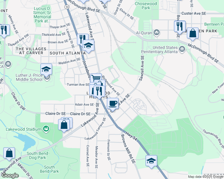 map of restaurants, bars, coffee shops, grocery stores, and more near 1696 Richmond Avenue Southeast in Atlanta
