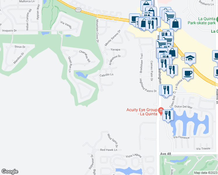 map of restaurants, bars, coffee shops, grocery stores, and more near 78180 Cortez Lane in Indian Wells