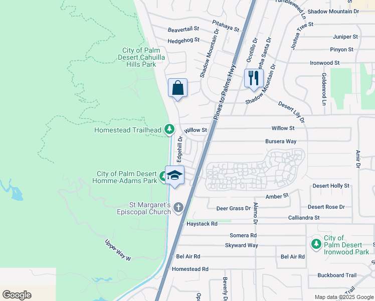 map of restaurants, bars, coffee shops, grocery stores, and more near 72664 Eagle Road in Palm Desert