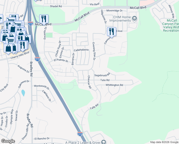 map of restaurants, bars, coffee shops, grocery stores, and more near 27535 Canterbury Street in Menifee