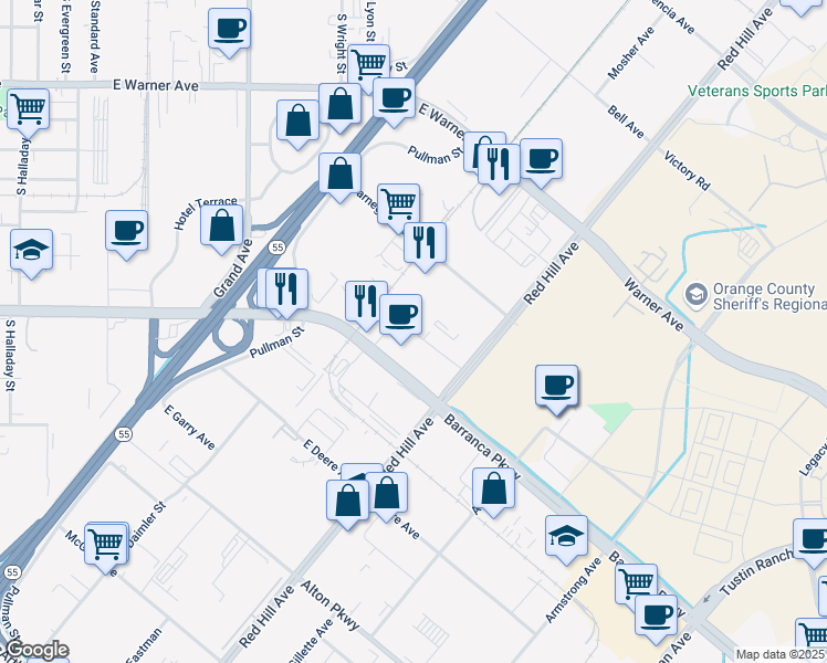 map of restaurants, bars, coffee shops, grocery stores, and more near 2001 East Dyer Road in Santa Ana