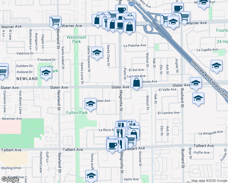 map of restaurants, bars, coffee shops, grocery stores, and more near 17536 Santa Elena Circle in Fountain Valley