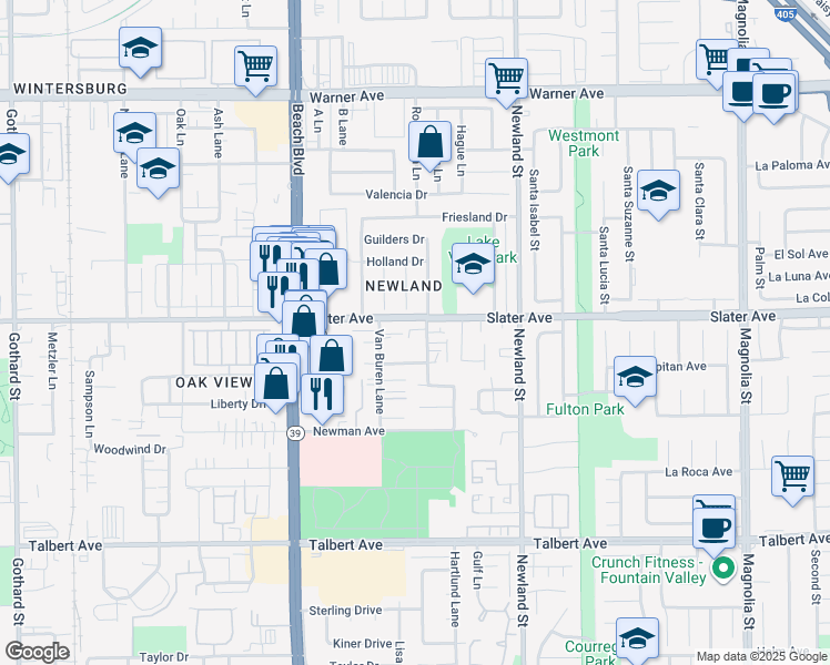 map of restaurants, bars, coffee shops, grocery stores, and more near 17523 Jefferson Lane in Huntington Beach