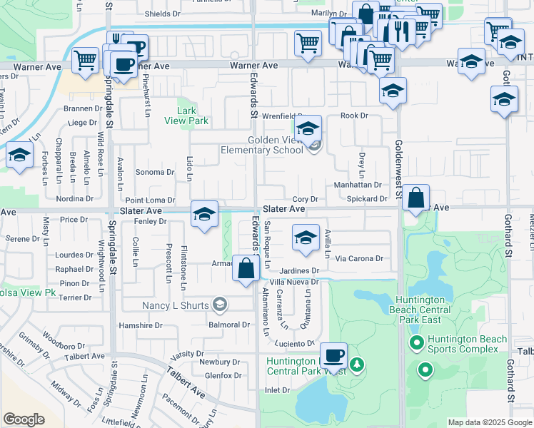 map of restaurants, bars, coffee shops, grocery stores, and more near 6531 Crista Palma Drive in Huntington Beach