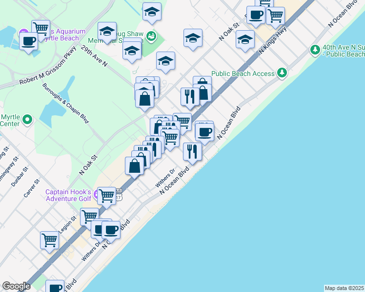 map of restaurants, bars, coffee shops, grocery stores, and more near 412 28th Avenue North in Myrtle Beach