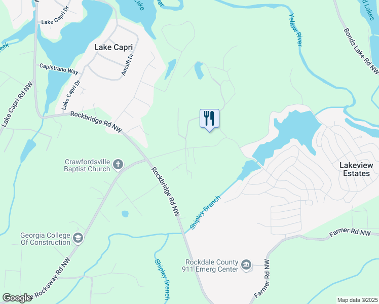 map of restaurants, bars, coffee shops, grocery stores, and more near 2433 Lake Rockaway Road Northwest in Conyers