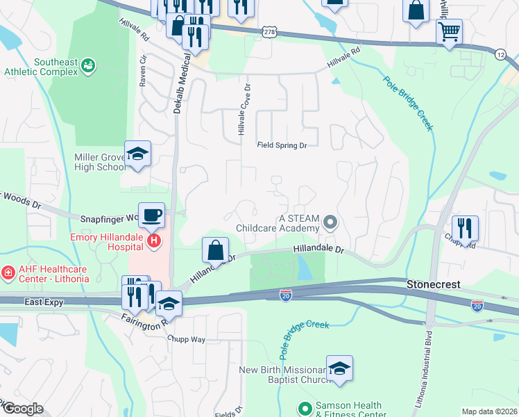 map of restaurants, bars, coffee shops, grocery stores, and more near 6136 Hillandale Drive in Lithonia