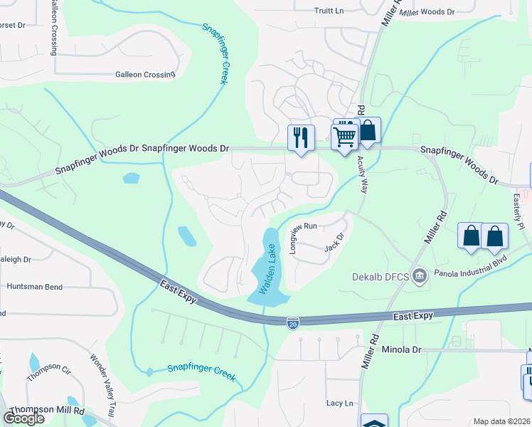 map of restaurants, bars, coffee shops, grocery stores, and more near 4927 Walden Lake Square in Decatur