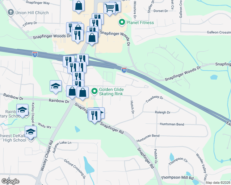 map of restaurants, bars, coffee shops, grocery stores, and more near 4328 Pleasant Forest Drive in Decatur