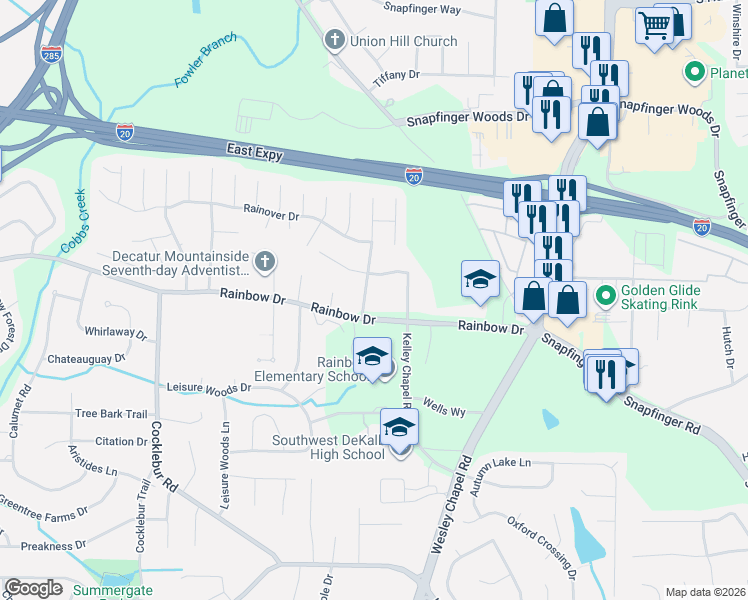 map of restaurants, bars, coffee shops, grocery stores, and more near 4066 Rainbow Drive in Decatur