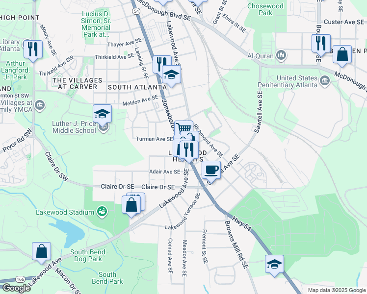 map of restaurants, bars, coffee shops, grocery stores, and more near 1609 Jonesboro Road Southeast in Atlanta