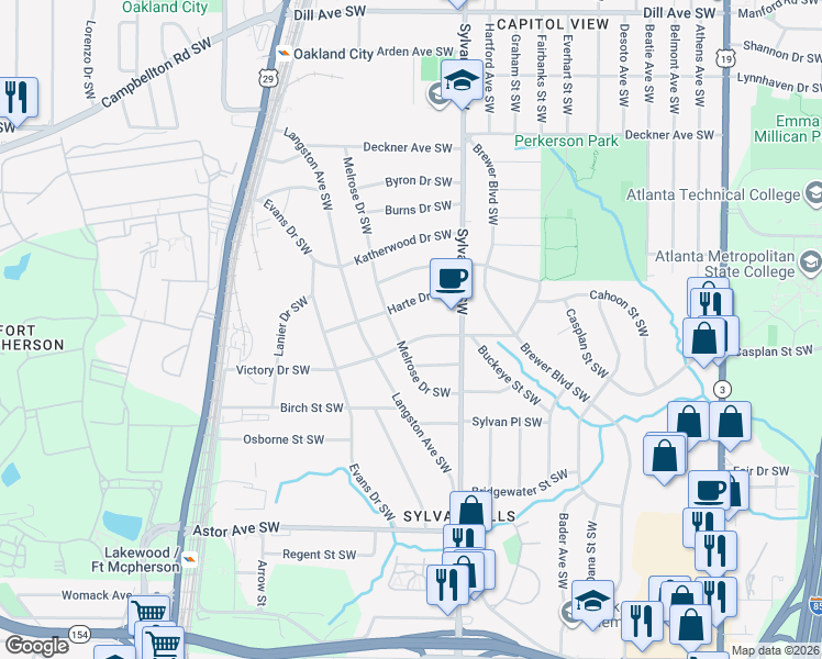map of restaurants, bars, coffee shops, grocery stores, and more near 1726 Melrose Drive Southwest in Atlanta