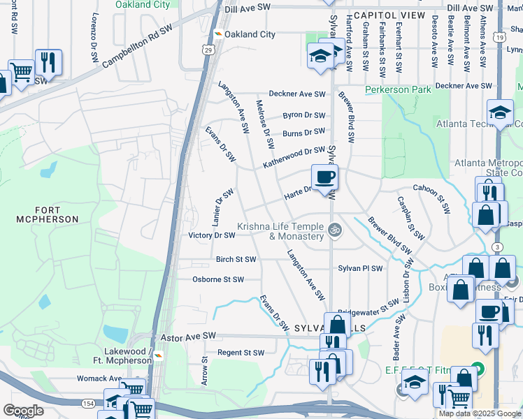 map of restaurants, bars, coffee shops, grocery stores, and more near 1046 Harte Drive Southwest in Atlanta