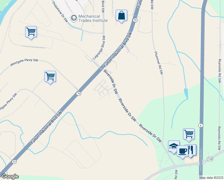 map of restaurants, bars, coffee shops, grocery stores, and more near 6094 Riverside Drive Southwest in Atlanta