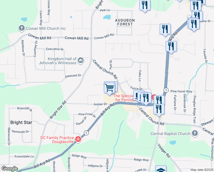 map of restaurants, bars, coffee shops, grocery stores, and more near 6218 Lakeview Drive in Douglasville