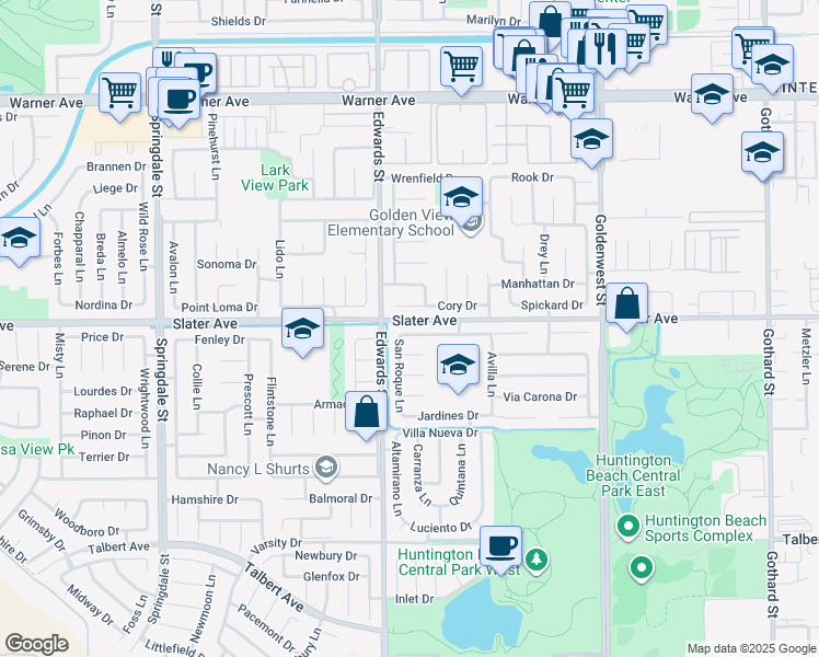 map of restaurants, bars, coffee shops, grocery stores, and more near 6531 Crista Palma Drive in Huntington Beach