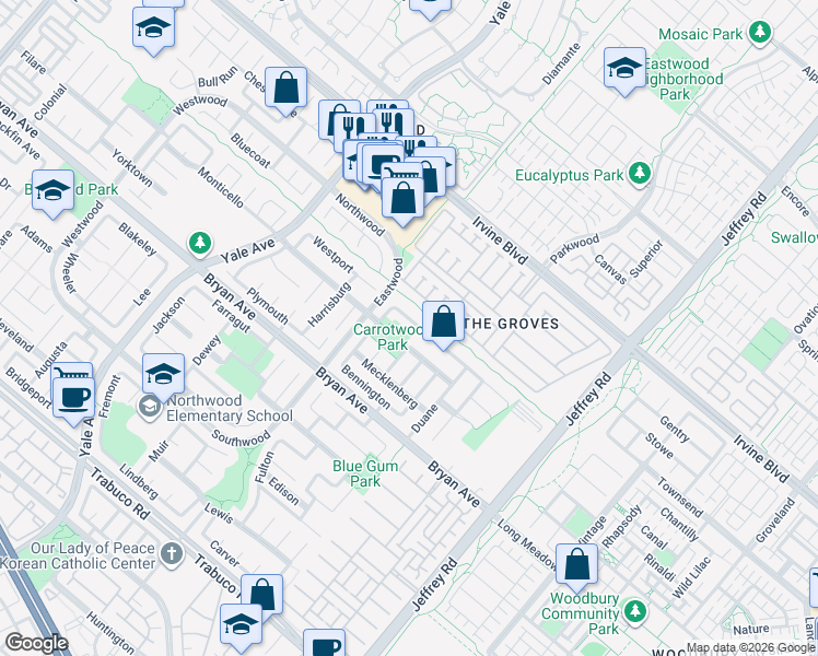 map of restaurants, bars, coffee shops, grocery stores, and more near 65 Cape Cod in Irvine
