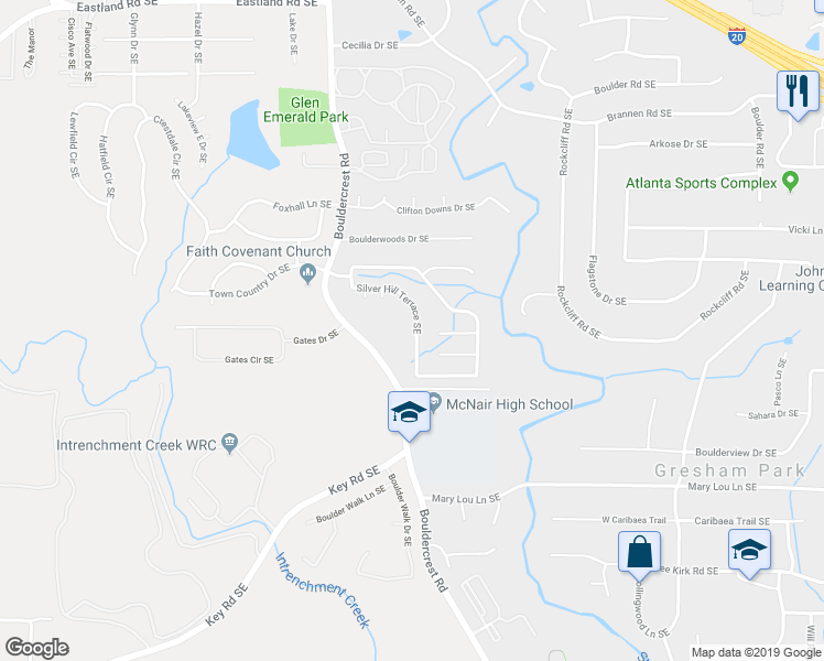map of restaurants, bars, coffee shops, grocery stores, and more near 3048 Silver Hill Terrace Southeast in Atlanta