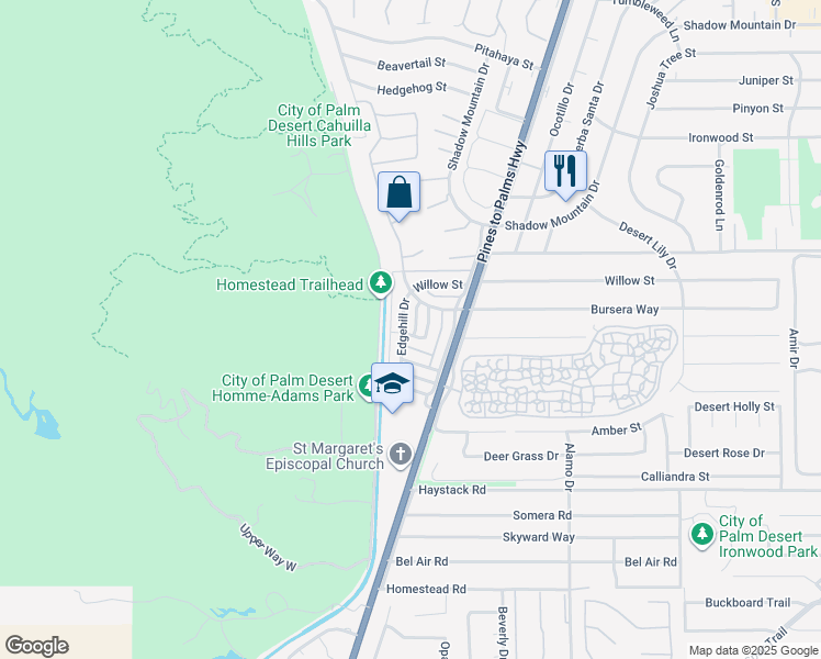map of restaurants, bars, coffee shops, grocery stores, and more near 72577 Edgehill Drive in Palm Desert