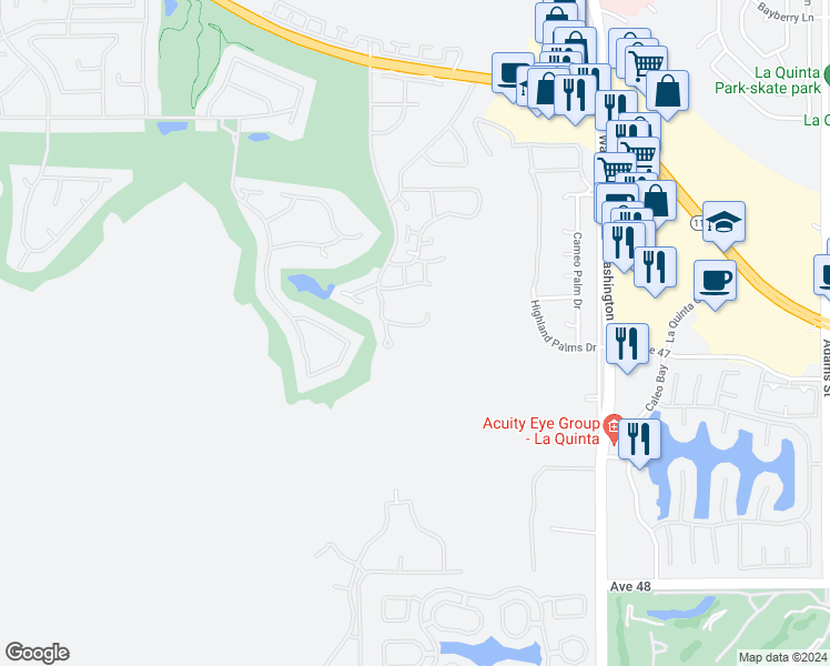 map of restaurants, bars, coffee shops, grocery stores, and more near 78185 Cortez Lane in Indian Wells