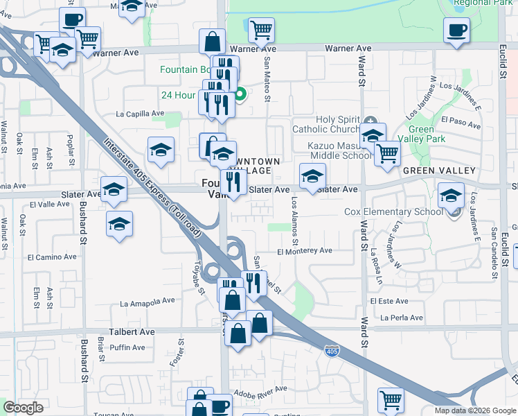 map of restaurants, bars, coffee shops, grocery stores, and more near 17543 Fountains Court in Fountain Valley