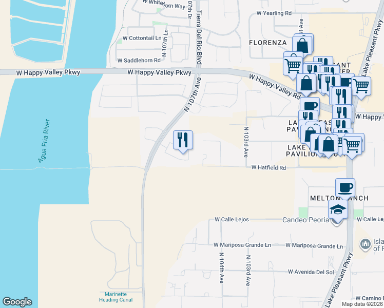 map of restaurants, bars, coffee shops, grocery stores, and more near 24703 North 106th Drive in Peoria