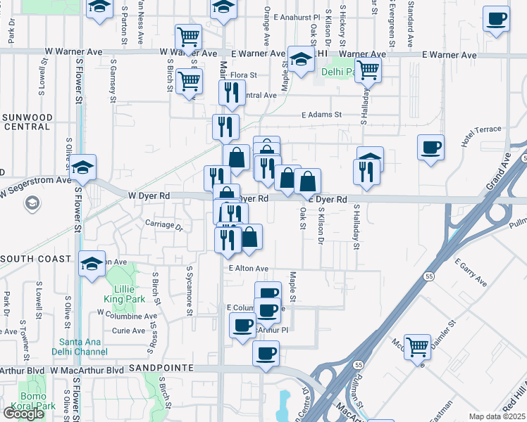 map of restaurants, bars, coffee shops, grocery stores, and more near 230 East Dyer Road in Santa Ana