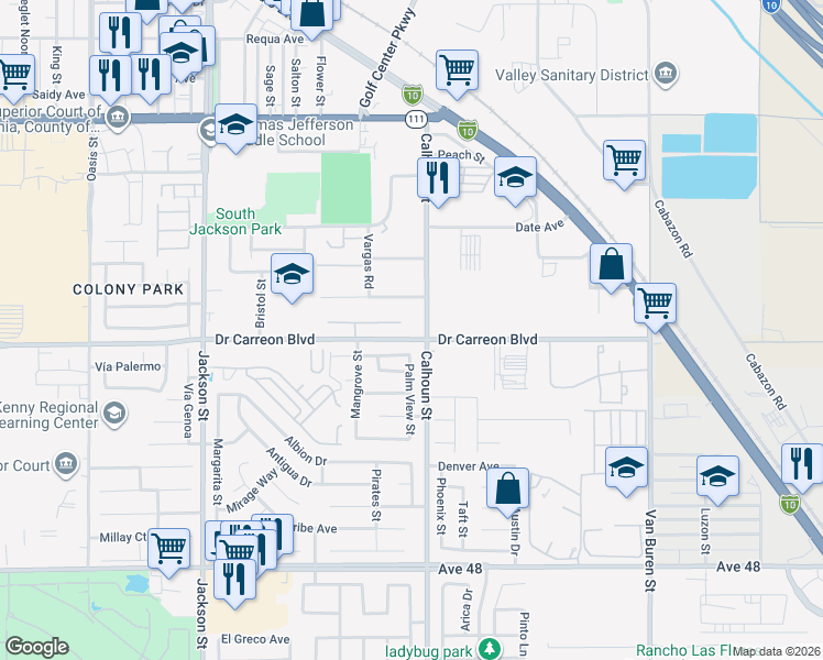 map of restaurants, bars, coffee shops, grocery stores, and more near 46923 Calhoun Street in Indio