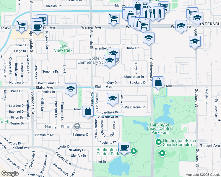 map of restaurants, bars, coffee shops, grocery stores, and more near 6611 Crista Palma Drive in Huntington Beach