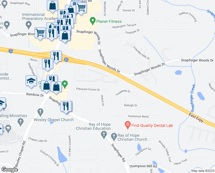 map of restaurants, bars, coffee shops, grocery stores, and more near 4414 Pleasant Forest Drive in Decatur