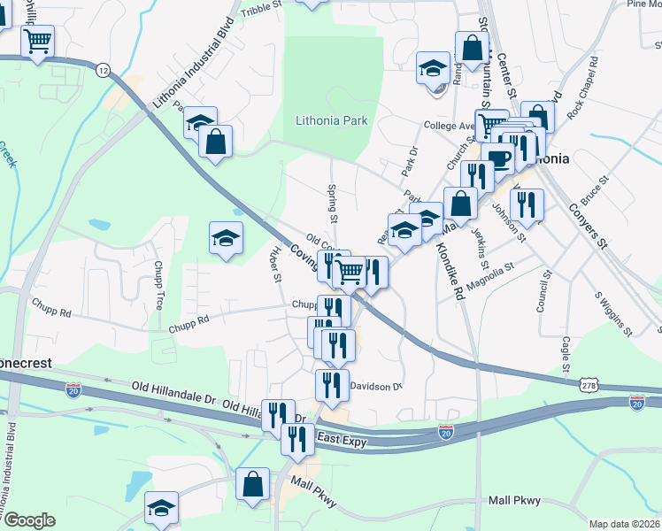map of restaurants, bars, coffee shops, grocery stores, and more near 7482 Covington Highway in Lithonia