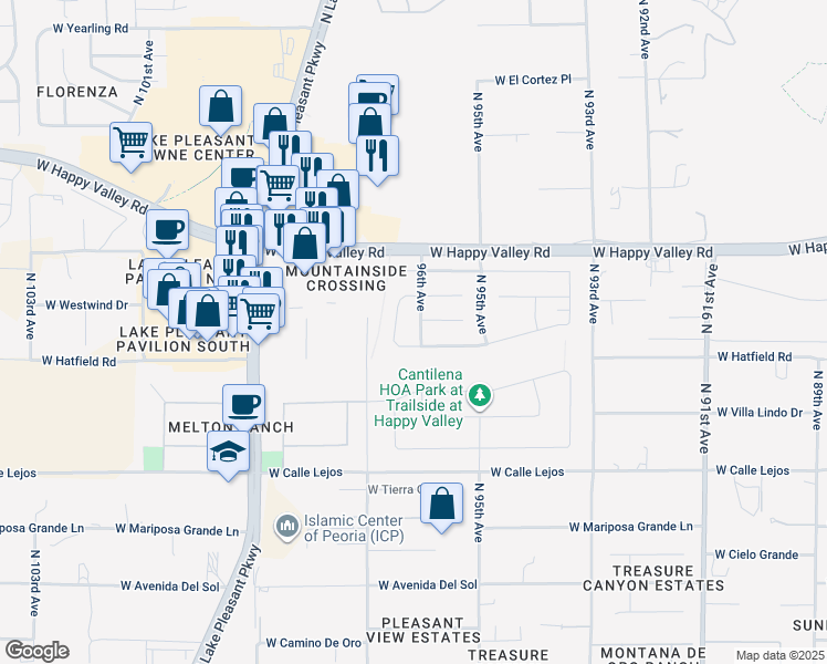 map of restaurants, bars, coffee shops, grocery stores, and more near 24728 North 96th Avenue in Peoria