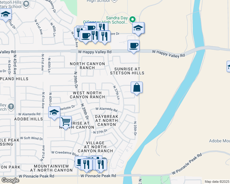 map of restaurants, bars, coffee shops, grocery stores, and more near 24402 North 37th Lane in Glendale