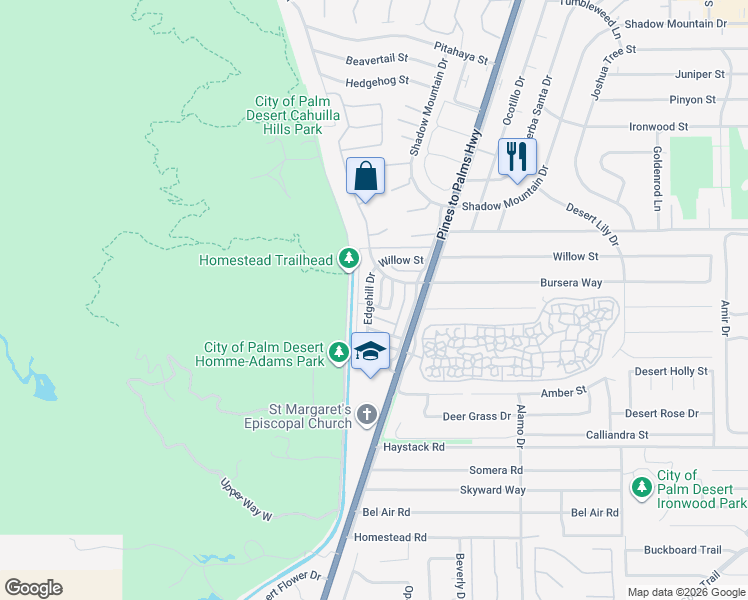map of restaurants, bars, coffee shops, grocery stores, and more near 72577 Edgehill Drive in Palm Desert