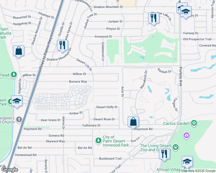 map of restaurants, bars, coffee shops, grocery stores, and more near 73396 Tamarisk Street in Palm Desert