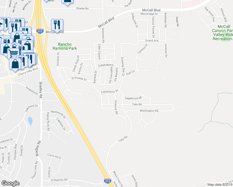 map of restaurants, bars, coffee shops, grocery stores, and more near 27535 Canterbury Street in Menifee