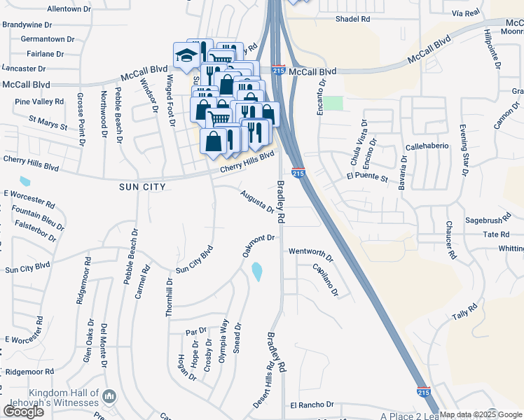 map of restaurants, bars, coffee shops, grocery stores, and more near 26923 Augusta Drive in Menifee