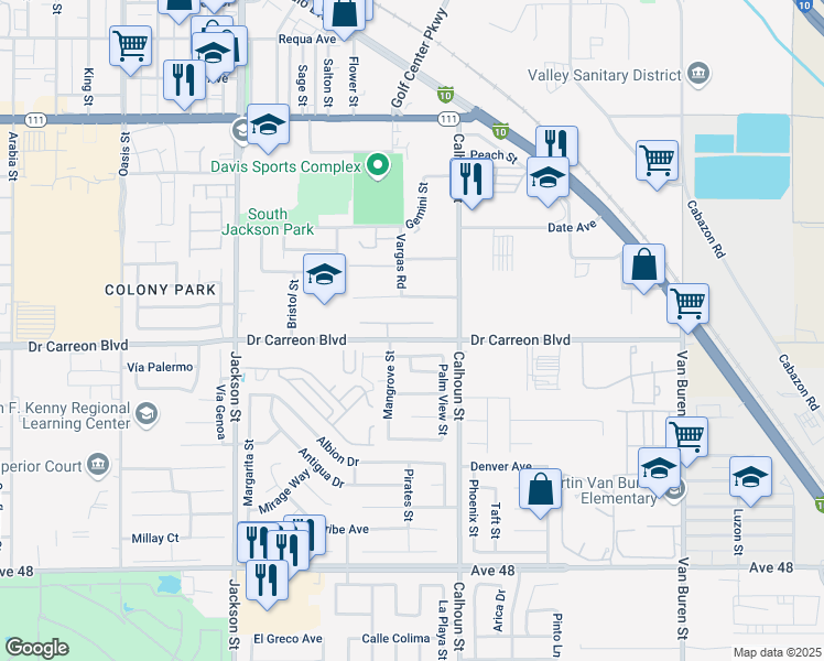 map of restaurants, bars, coffee shops, grocery stores, and more near 83393 Corte Presidente in Indio