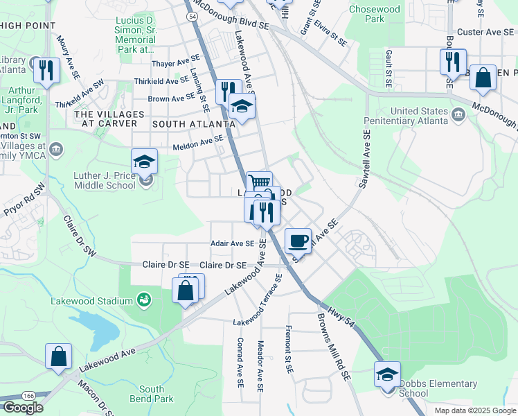 map of restaurants, bars, coffee shops, grocery stores, and more near 1609 Jonesboro Road Southeast in Atlanta