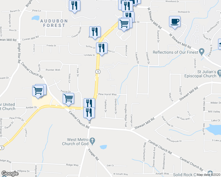 map of restaurants, bars, coffee shops, grocery stores, and more near 3585 Marshall Court in Douglasville