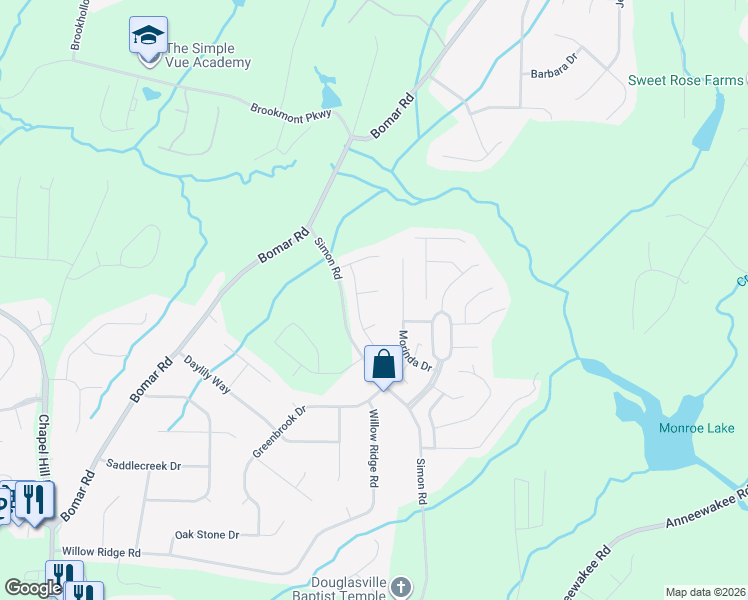 map of restaurants, bars, coffee shops, grocery stores, and more near 3873 Locksley Trail in Douglasville