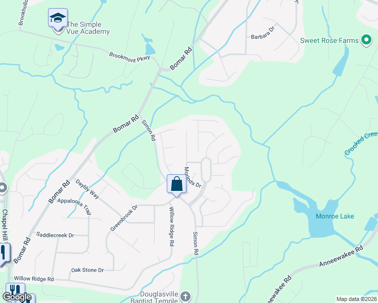 map of restaurants, bars, coffee shops, grocery stores, and more near 3580 Morinda Drive in Douglasville
