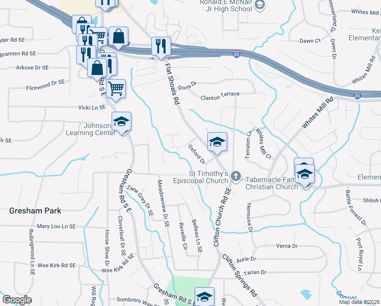 map of restaurants, bars, coffee shops, grocery stores, and more near 2725 Oxford Drive in Decatur