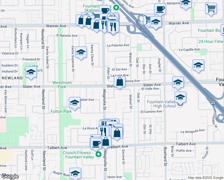 map of restaurants, bars, coffee shops, grocery stores, and more near 17539 Briarwood Street in Fountain Valley