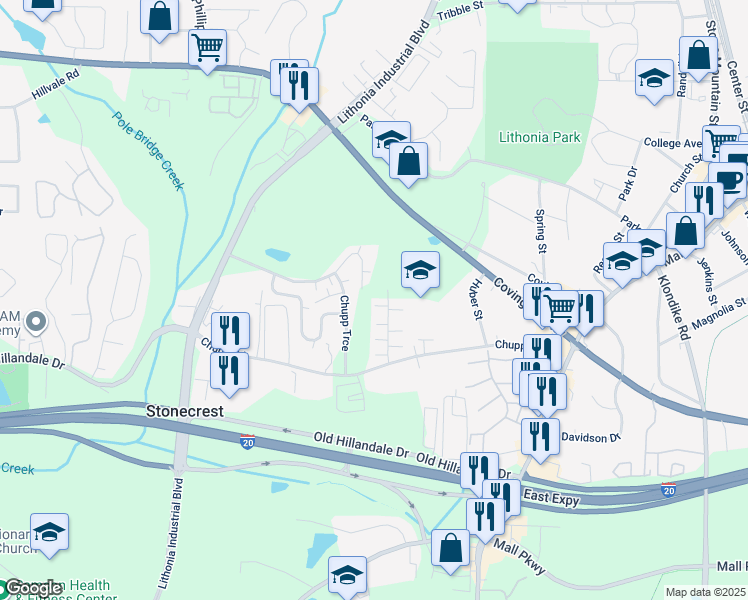 map of restaurants, bars, coffee shops, grocery stores, and more near 2607 Evans Mill Drive in Lithonia