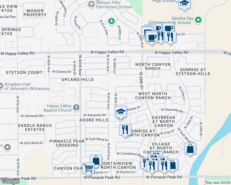 map of restaurants, bars, coffee shops, grocery stores, and more near 24599 North 40th Lane in Glendale