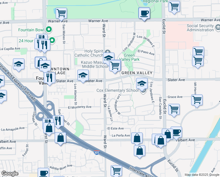 map of restaurants, bars, coffee shops, grocery stores, and more near 10543 Chinook Avenue in Fountain Valley