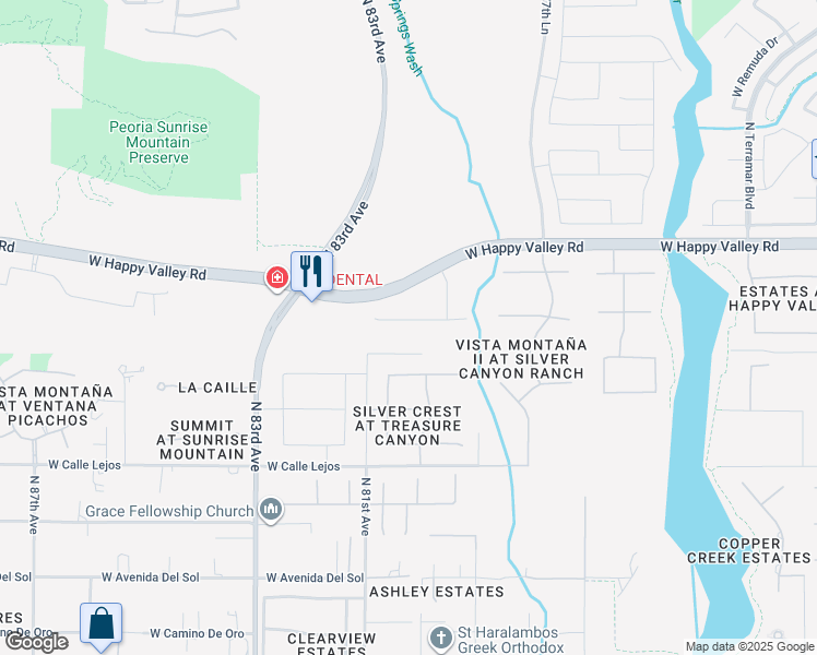 map of restaurants, bars, coffee shops, grocery stores, and more near 8025 West Chama Drive in Glendale