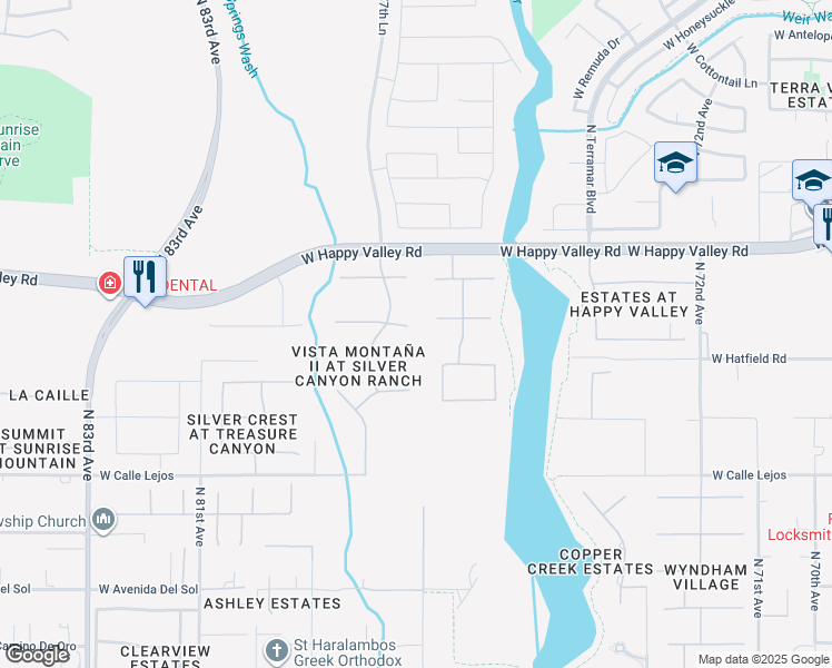 map of restaurants, bars, coffee shops, grocery stores, and more near 7707 West Chama Drive in Peoria